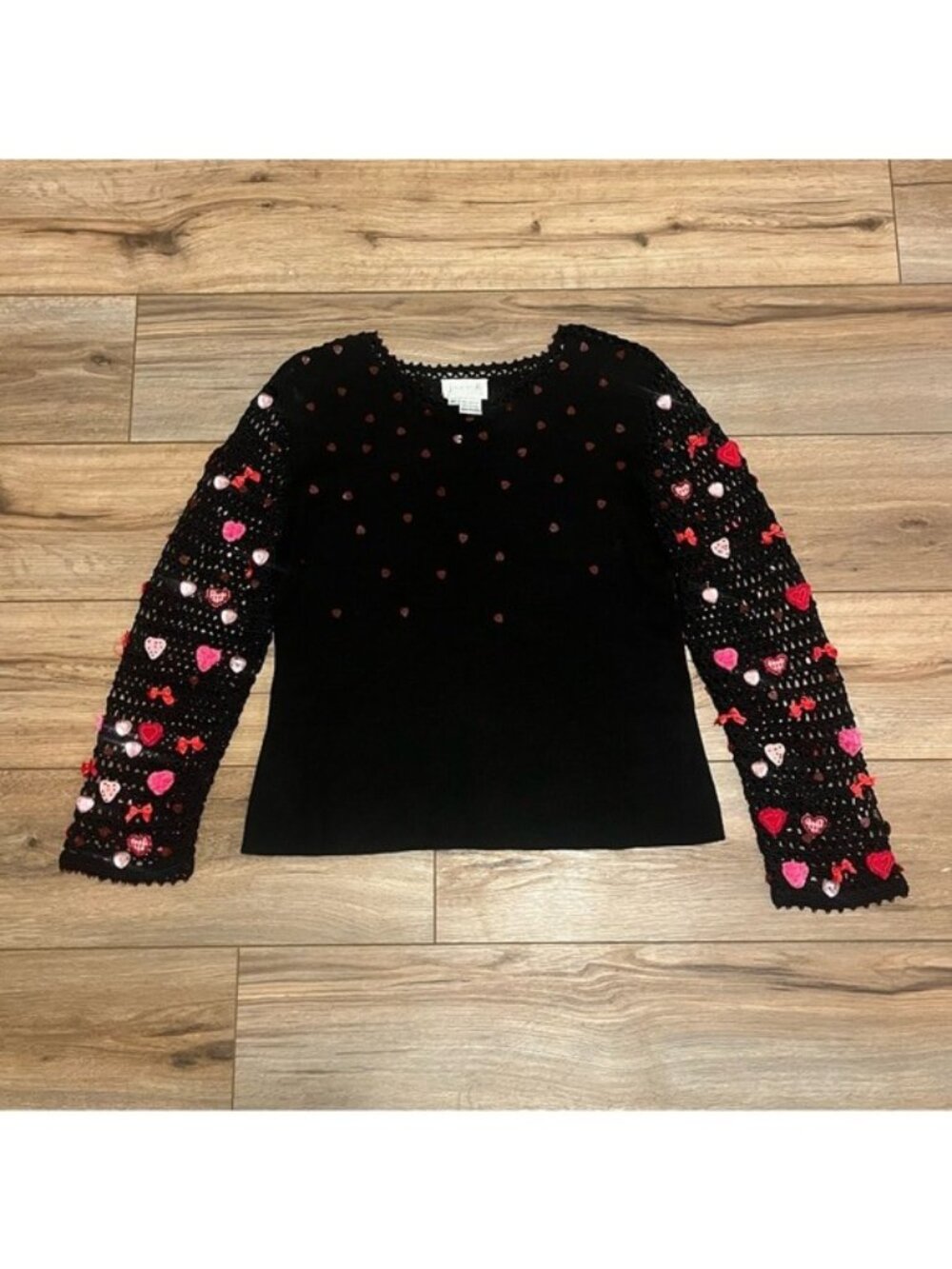 Just B Valentine Heart Sweater SZ XL Crochet Knit Sleeves Black Sequin Beaded